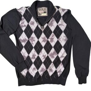 BKE Mens Argyle Quarter Zip Sweater Black Gray Distressed Athletic Fit Size L